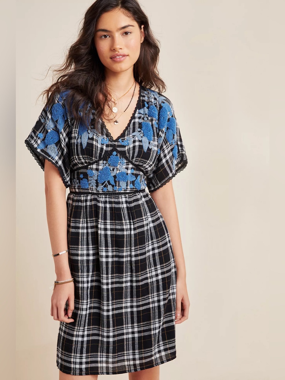 Anthropologie Plaid Embroidered Tunic Dress - Size 8 NWT